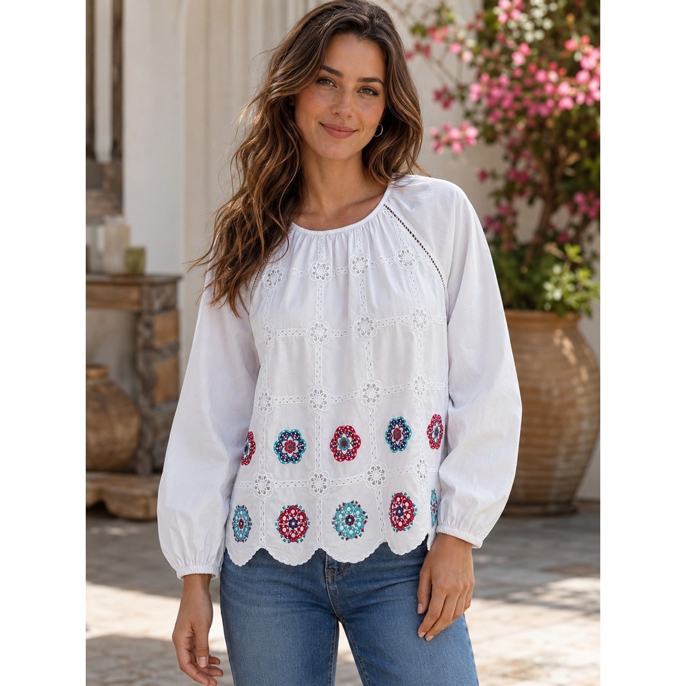 NWT J.Crew White Embroidered Floral Eyelet Blouse Puff Sleeve Top AM639 Medium - Picture 1 of 11